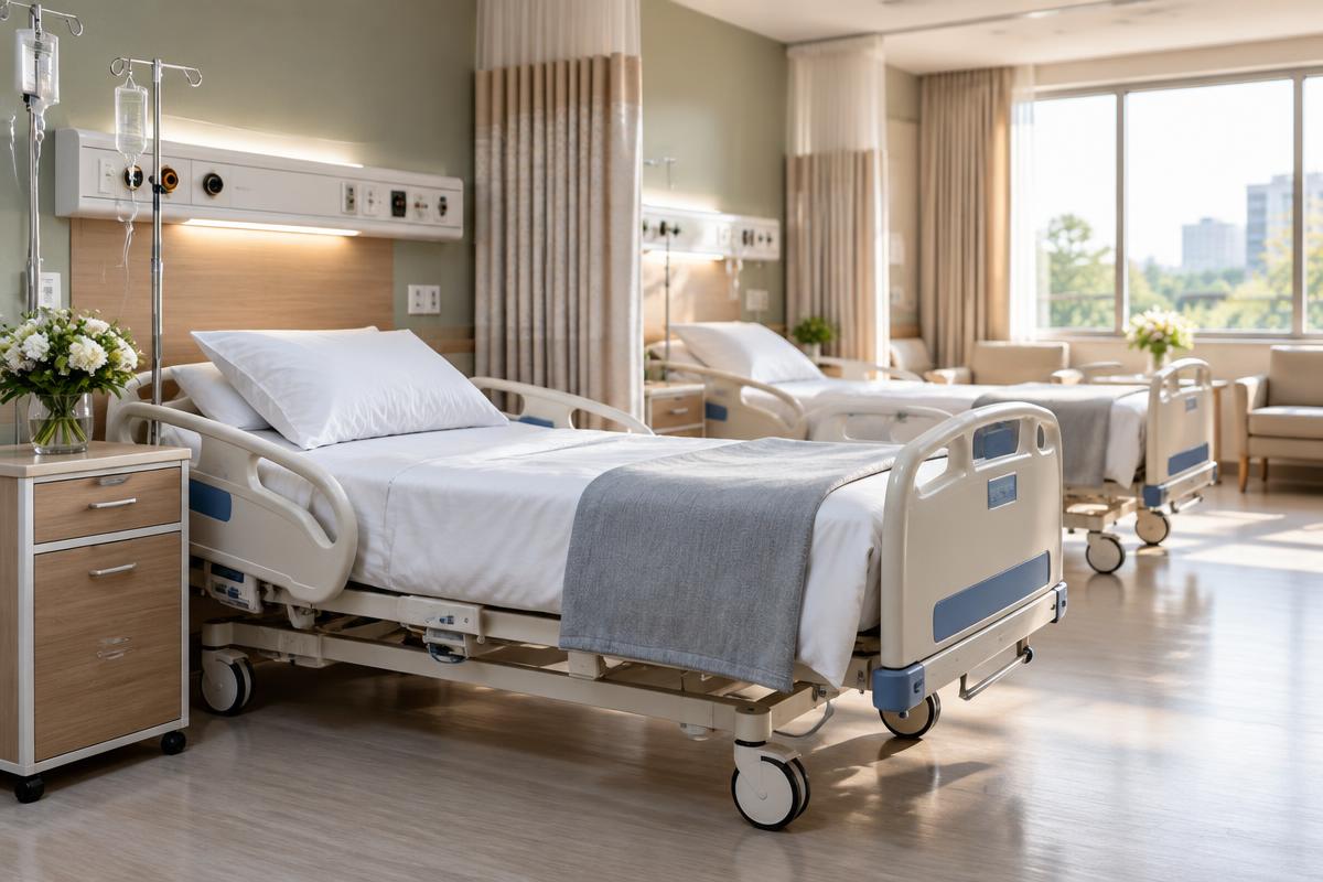 Hospital ward with modern beds and bedside cabinets