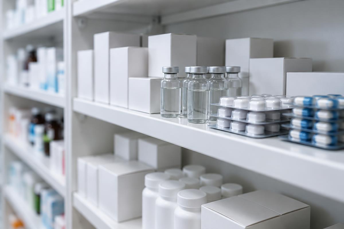 Pharmacy shelves with medicine packaging and vials