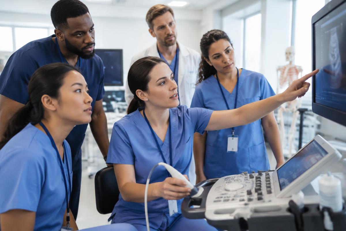 Healthcare professionals in a medical equipment training session